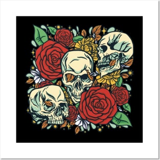 Skulls, Leaves and Roses design Posters and Art